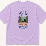 Garment-dyed unisex t-shirt featuring an illustrated Life is Better With a Wide Therapeutic Window design — Pharmacology humor tee for Pharmacy, Psychiatry, and Toxicology professionals.