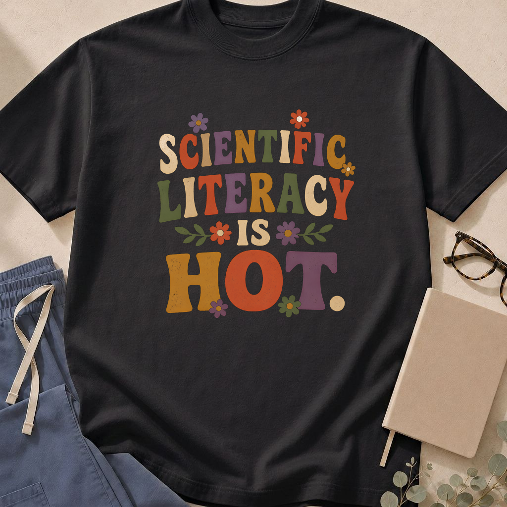 Garment-dyed unisex t-shirt printed with 'Scientific Literacy Is Hot' — public health humor tee for evidence-based medicine fans.