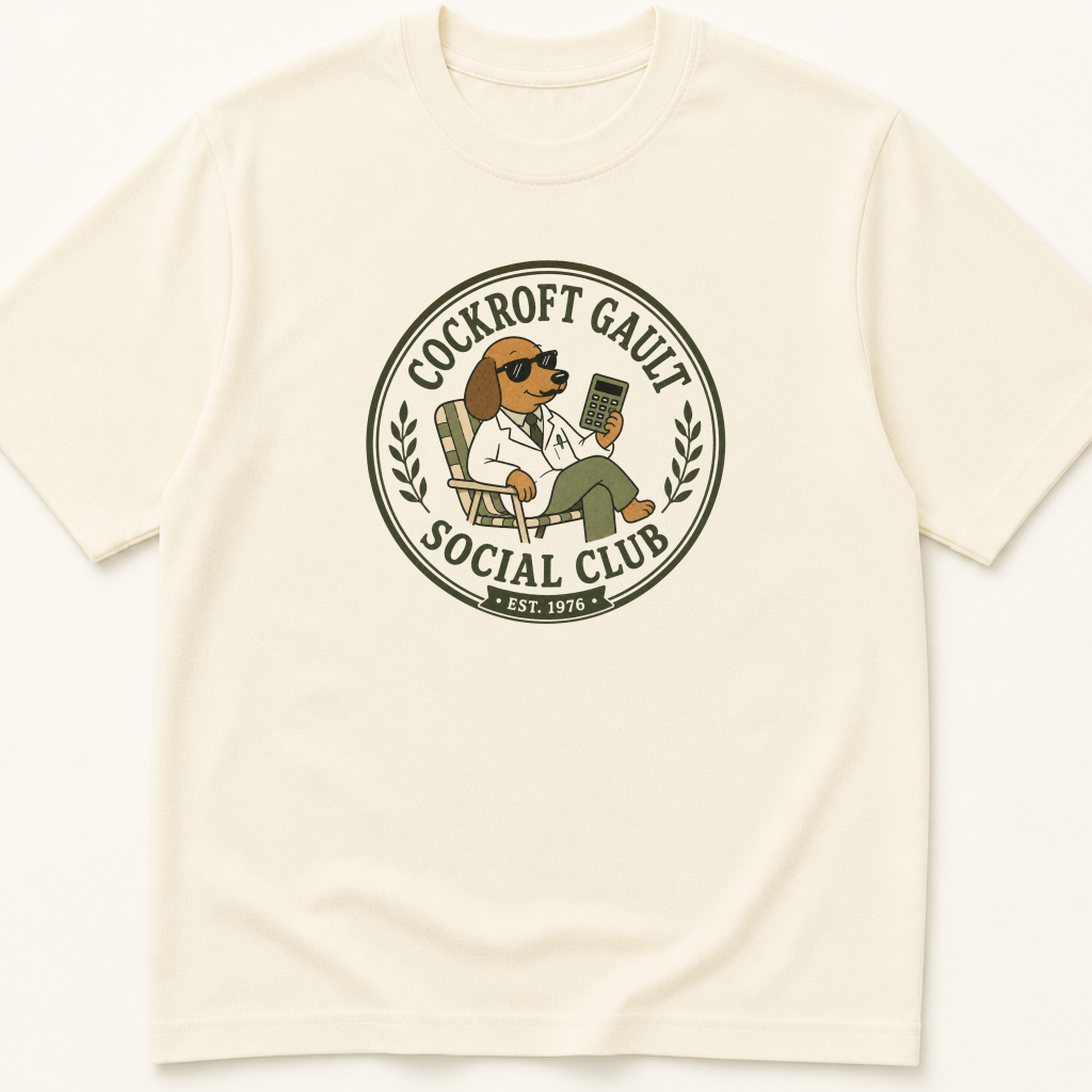 Garment-dyed unisex t-shirt printed with 'Cockcroft-Gault' — Geriatrics humor tee for Internal Medicine, Nephrology, and Pharmacology professionals.