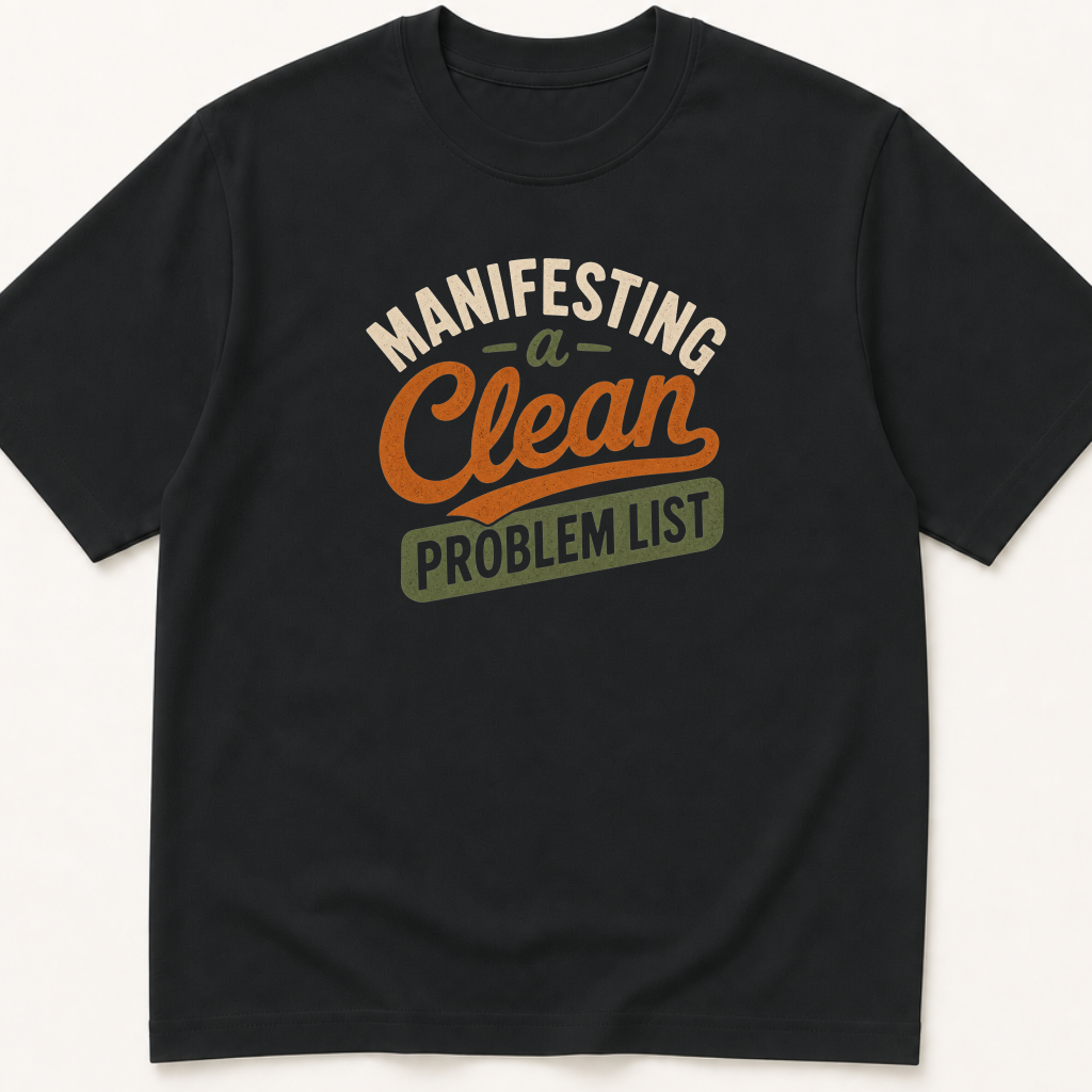 Garment-dyed unisex t-shirt printed with 'Manifesting Clean Problem List' — Family Medicine humor tee for Hospital Medicine and Internal Medicine professionals.