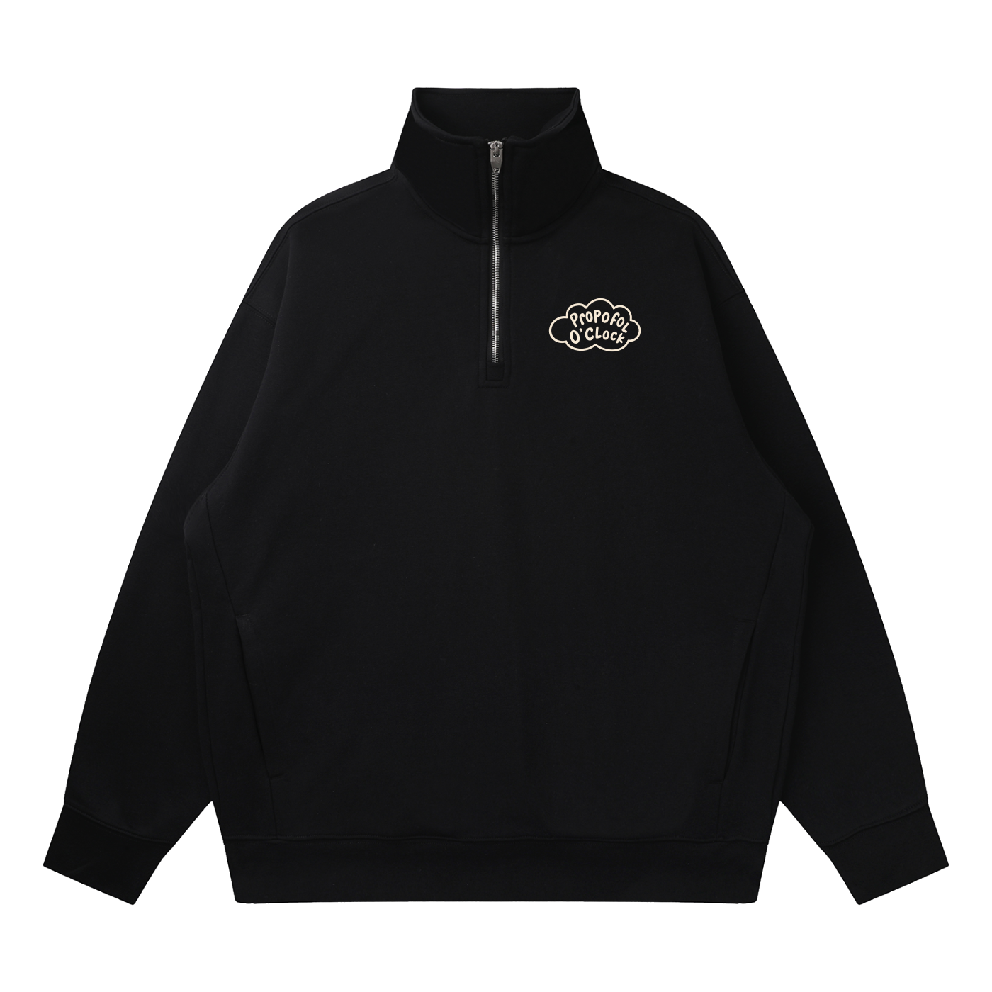 Black quarter-zip sweatshirt with 'Propofol O'Clock' cloud design