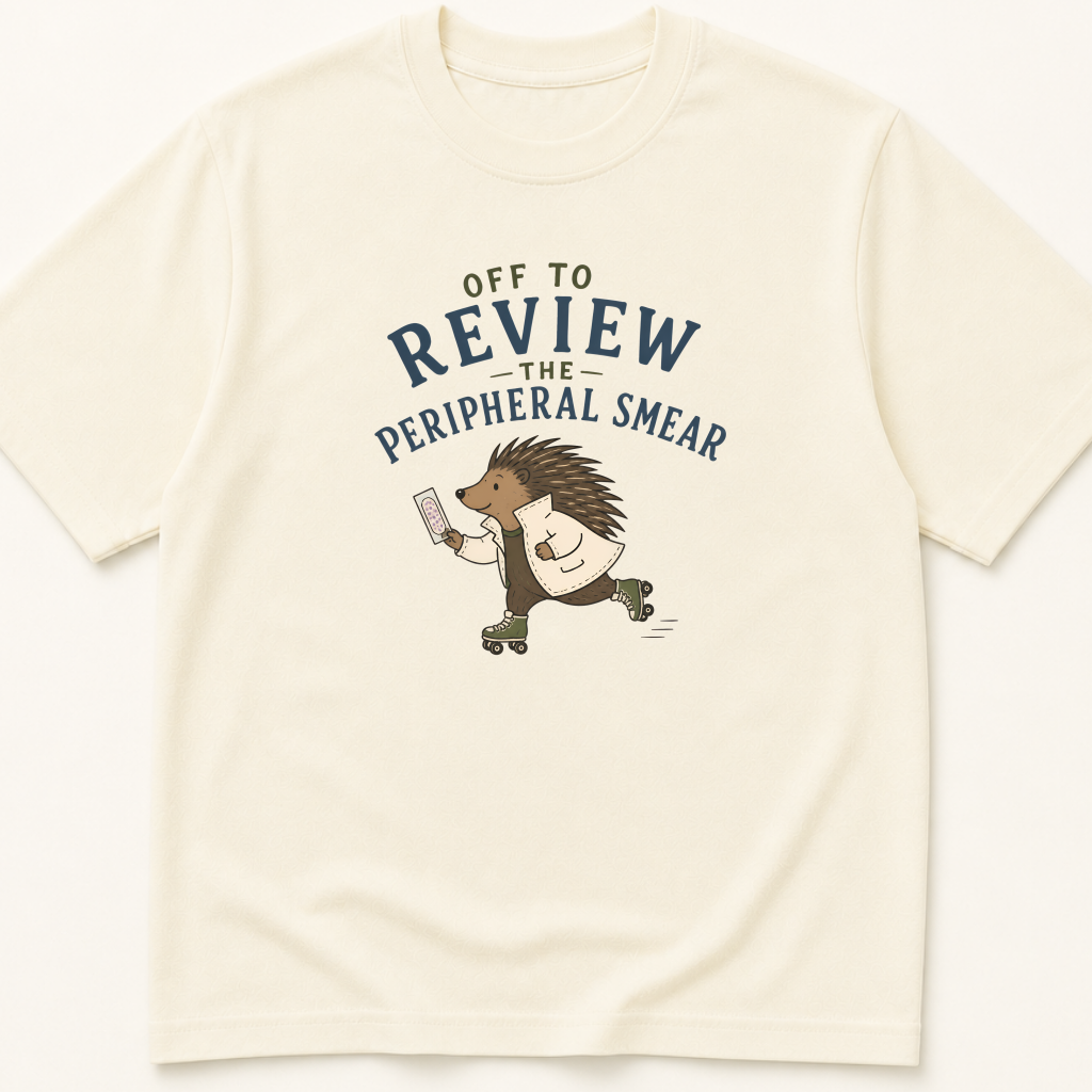 Garment-dyed unisex t-shirt printed with 'Off to Review the Peripheral Smear' — Hematology humor tee for Internal Medicine, Laboratory Medicine, and Oncology professionals.