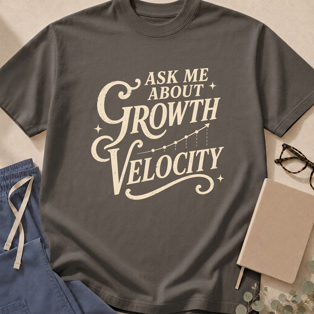Garment-dyed unisex t-shirt printed with "Ask Me About Growth Velocity" — pediatric endocrinology humor tee