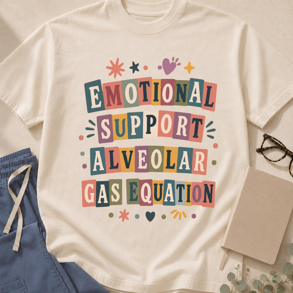 Garment-dyed unisex t-shirt printed with "Emotional Support Alveolar Gas Equation" — pulmonology and critical care humor tee for ICU clinicians