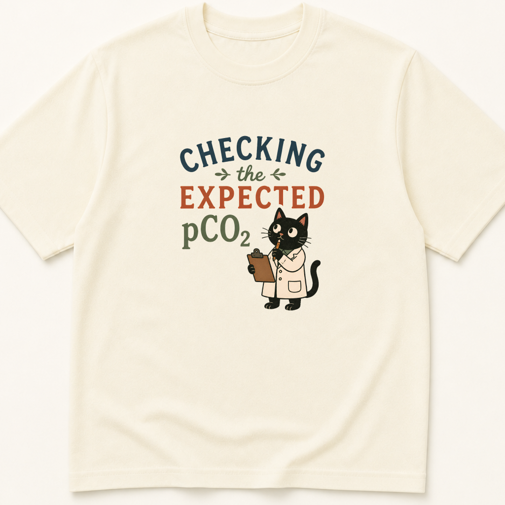 Garment-dyed unisex t-shirt printed with 'Checking the Expected PCO2' — Anesthesiology humor tee for Critical Care, Emergency Medicine, and Nephrology professionals.