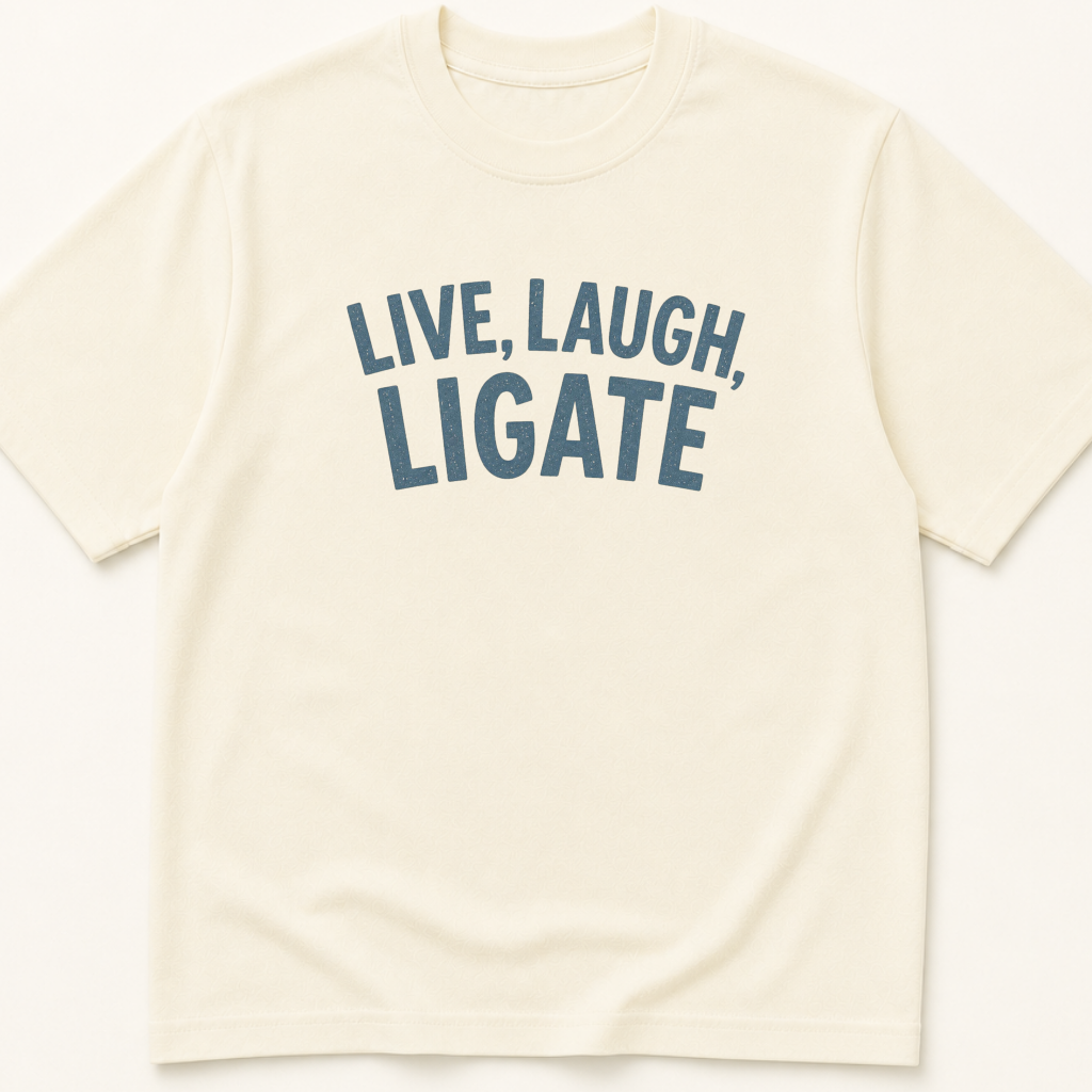 Garment-dyed unisex t-shirt printed with 'Live Laugh Ligate' — Surgery humor tee for Surgical Technology professionals.
