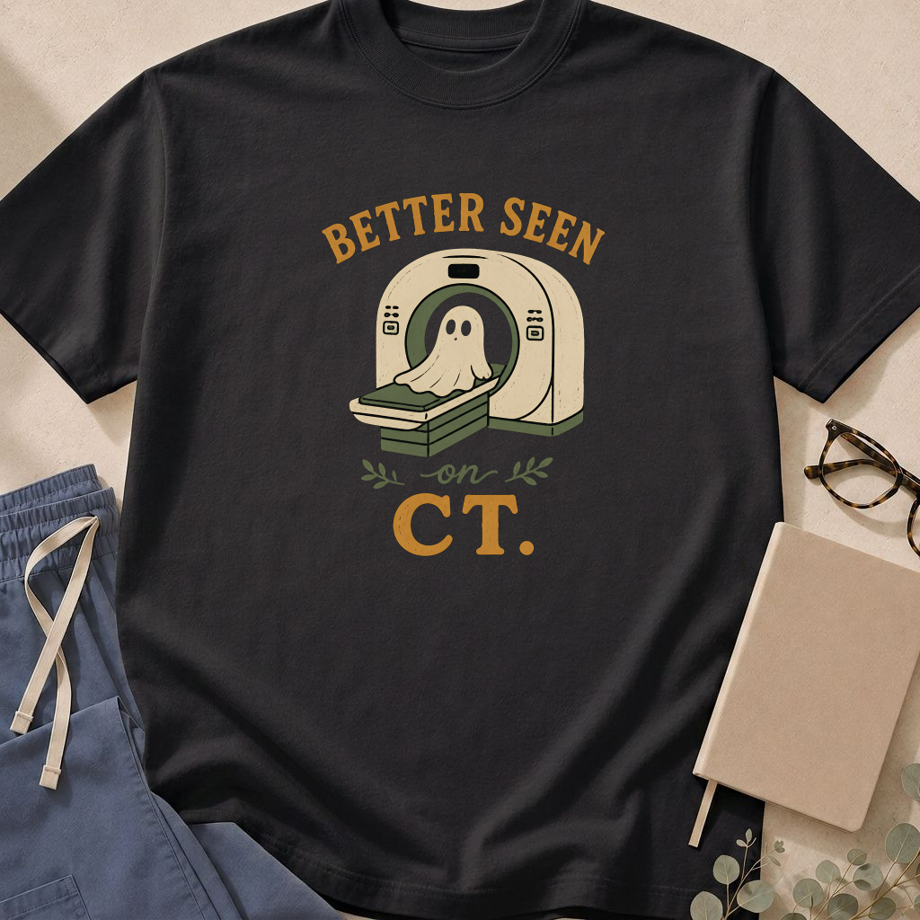 Garment-dyed unisex t-shirt printed with 'Better Seen on CT' — radiology humor tee for radiologists and emergency physicians.