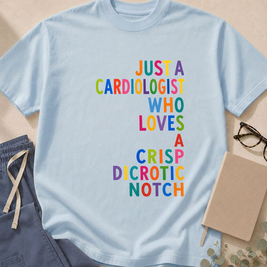 Garment-dyed unisex t-shirt printed with "Just a Cardiologist Who Loves a Crisp Dicrotic Notch" — arterial waveform humor tee