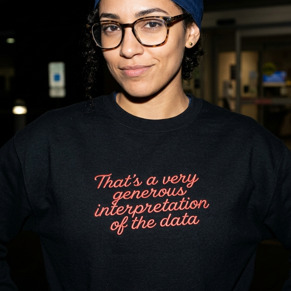 Black embroidered sweatshirt lifestyle photo, scale-corrected