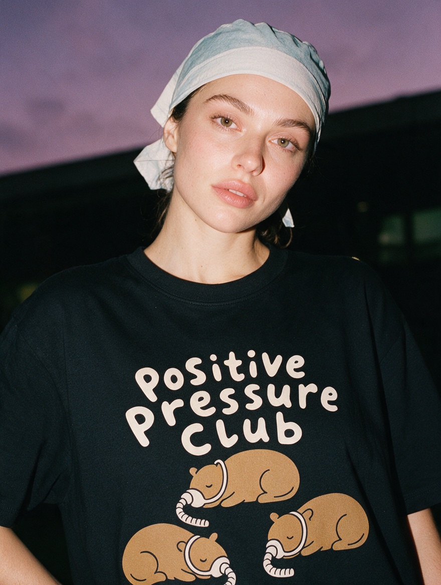 Woman photographed with flash at night, wearing a black cotton T-shirt with three capybaras wearing CPAP masks under the words 'Positive Pressure Club'.