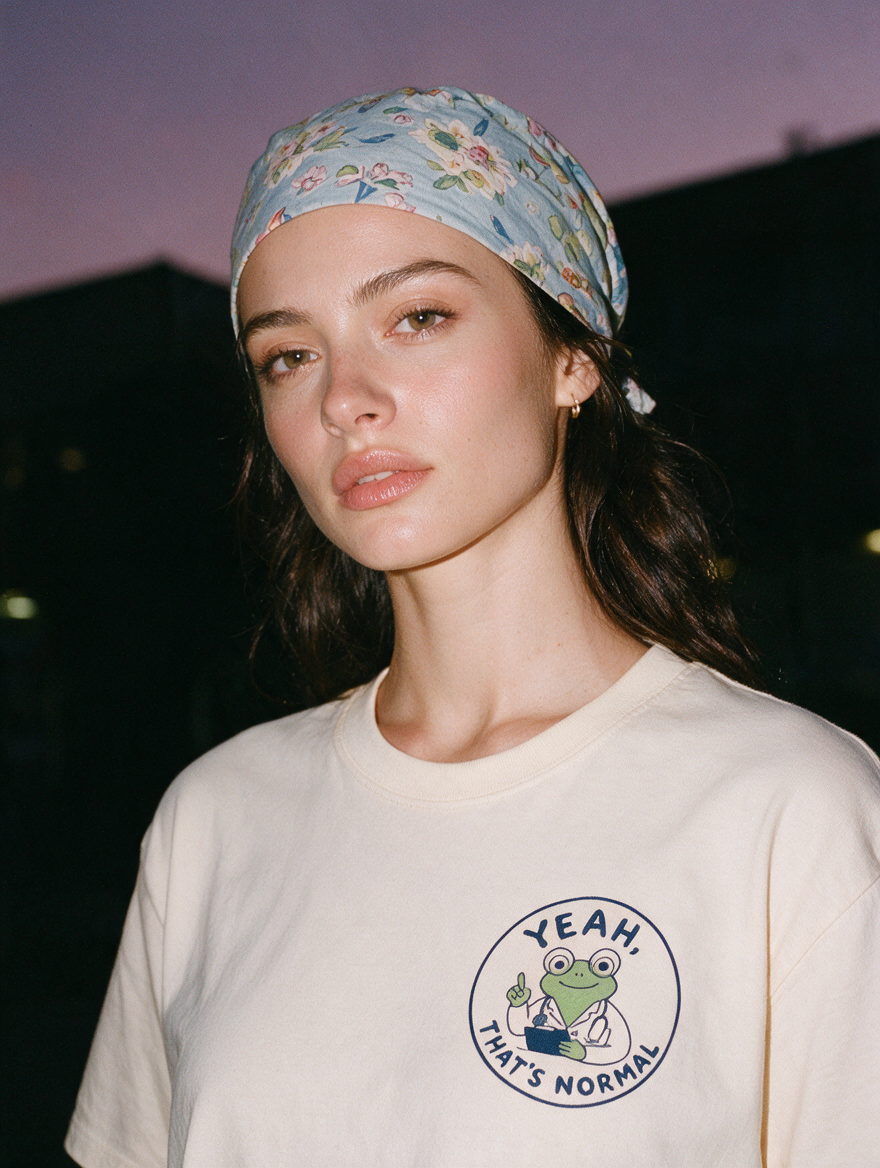 Woman photographed with flash at night, wearing an apricot cotton T-shirt with small circular patch of a frog doctor giving a thumbs up with the words 'Yeah, That's Normal'.