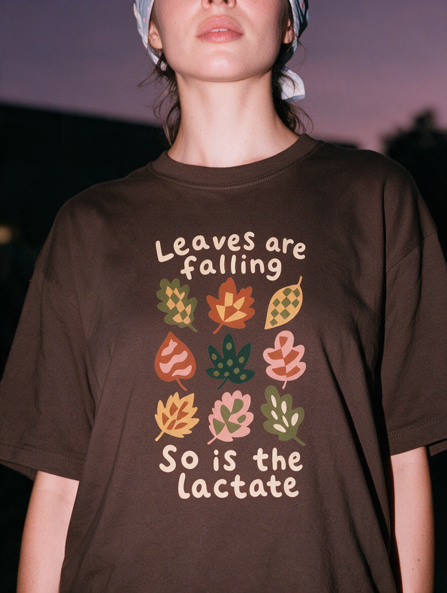 Woman photographed with flash at night, wearing a brown cotton T-shirt with grid of autumn leaves with the words 'Leaves are falling, so is the lactate'.