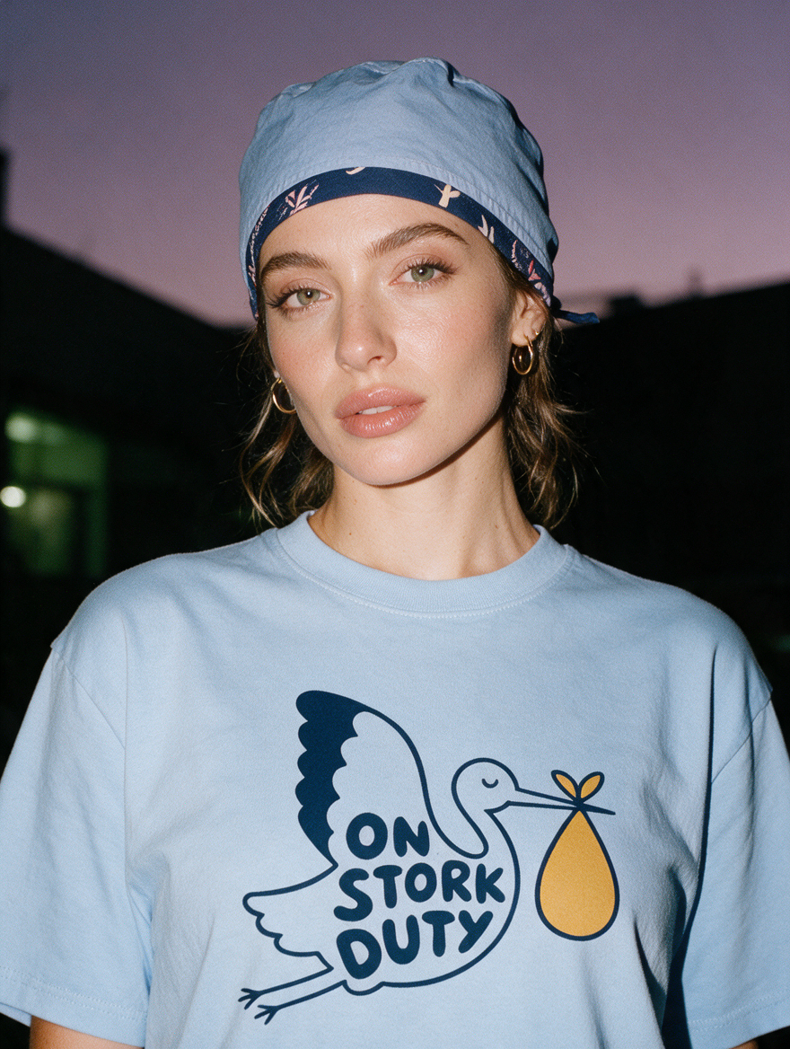Woman photographed with flash at night, wearing a light blue cotton T-shirt with stork carrying a bundle with the words 'On Stork Duty'.