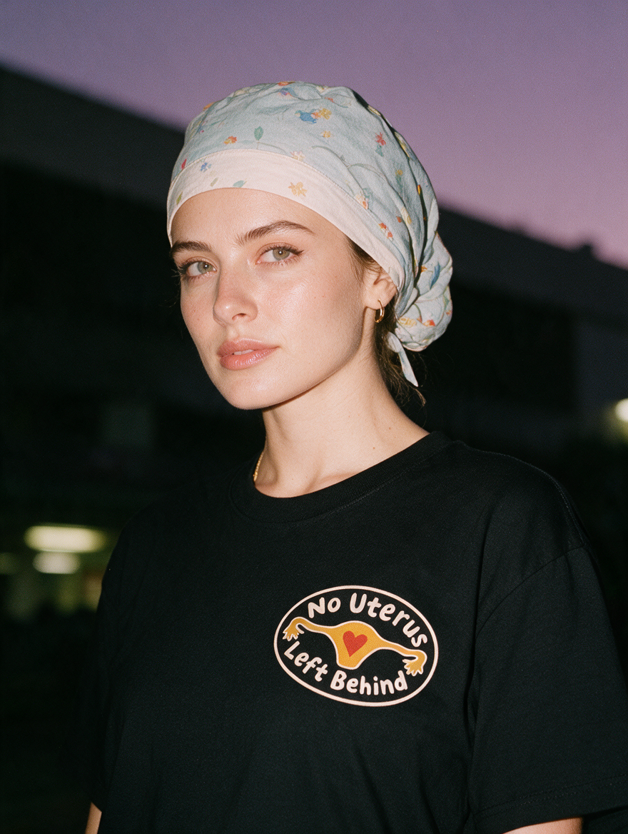 Woman photographed with flash at night, wearing a black cotton T-shirt with small oval patch of a uterus with a heart and the words 'No Uterus Left Behind'.