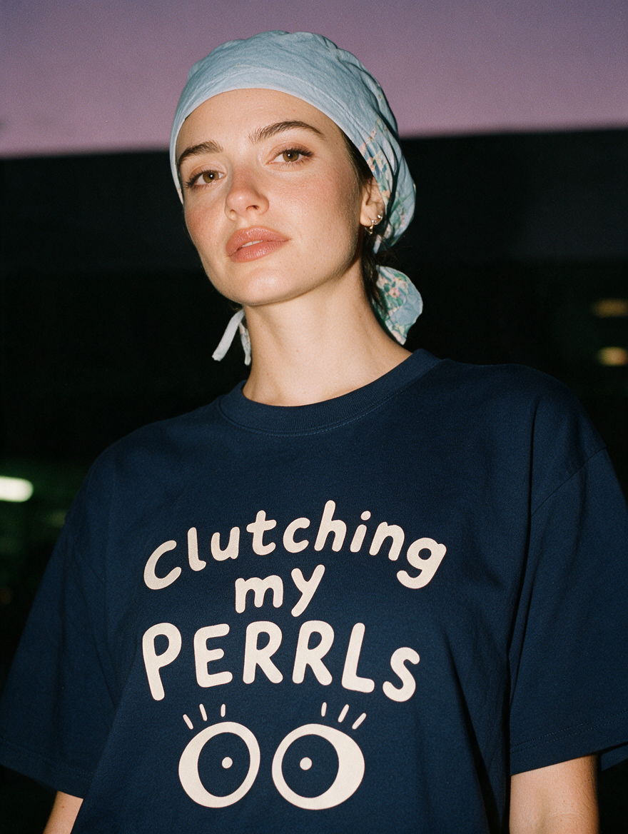 Woman photographed with flash at night, wearing a navy cotton T-shirt with two wide round eyes under the words 'Clutching my PERRLs'.