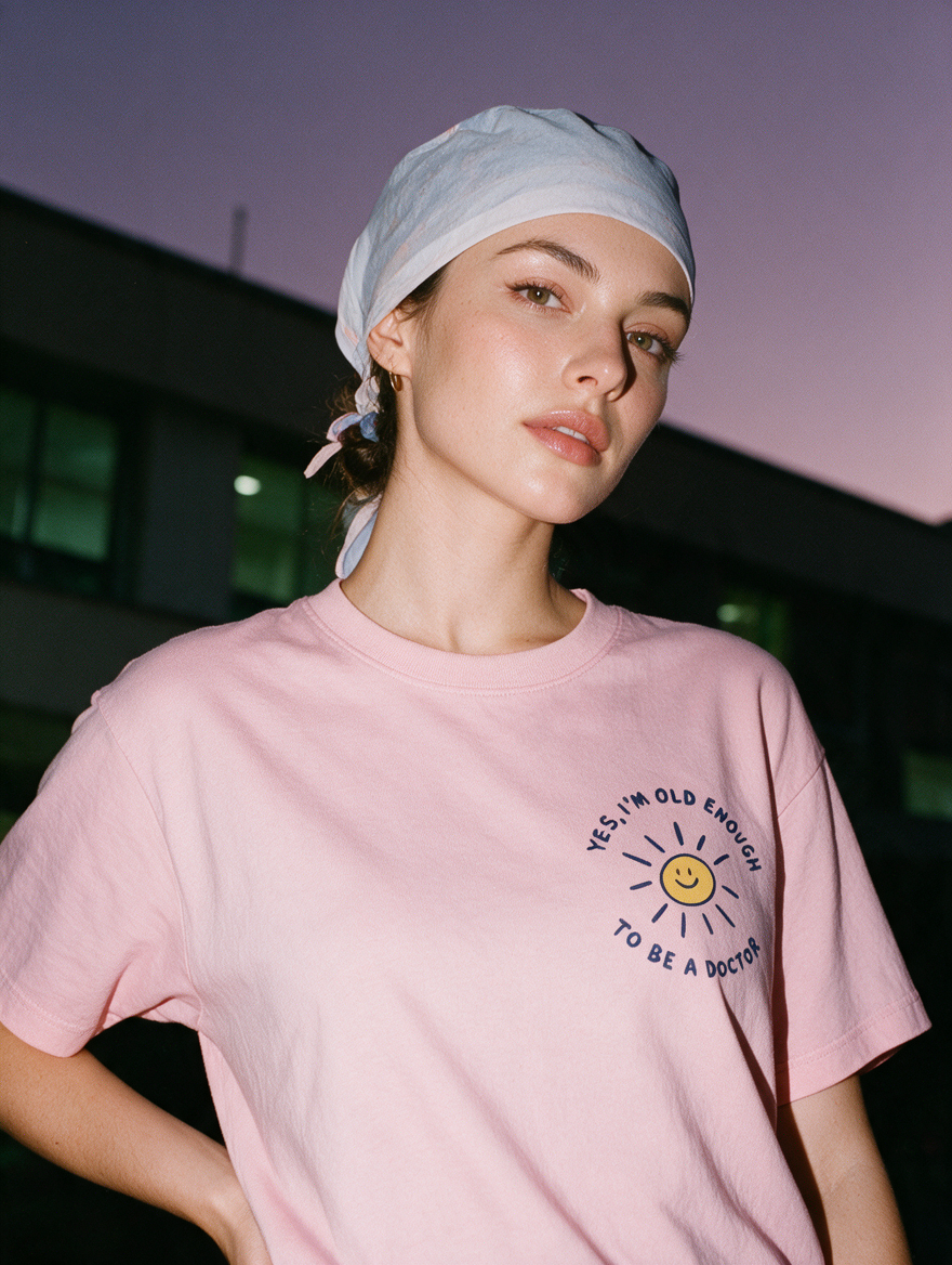 Woman photographed at night wearing a pink cotton T-shirt with 'Yes, I'm Old Enough to Be a Doctor' design.