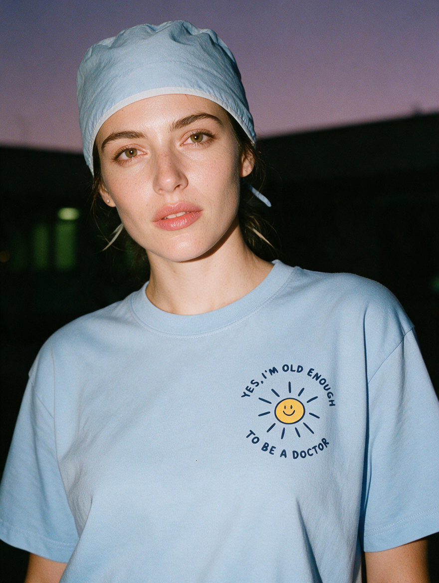 Woman photographed at night wearing a blue cotton T-shirt with 'Yes, I'm Old Enough to Be a Doctor' design.