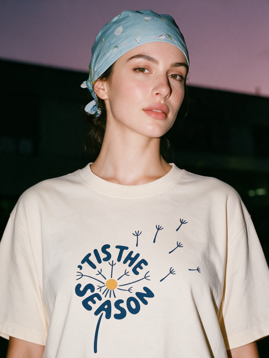 Woman photographed at night wearing an apricot cotton T-shirt with 'Tis the Season' design.
