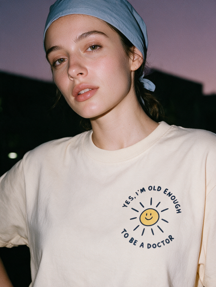 Woman photographed at night wearing an apricot cotton T-shirt with 'Yes, I'm Old Enough to Be a Doctor' design.
