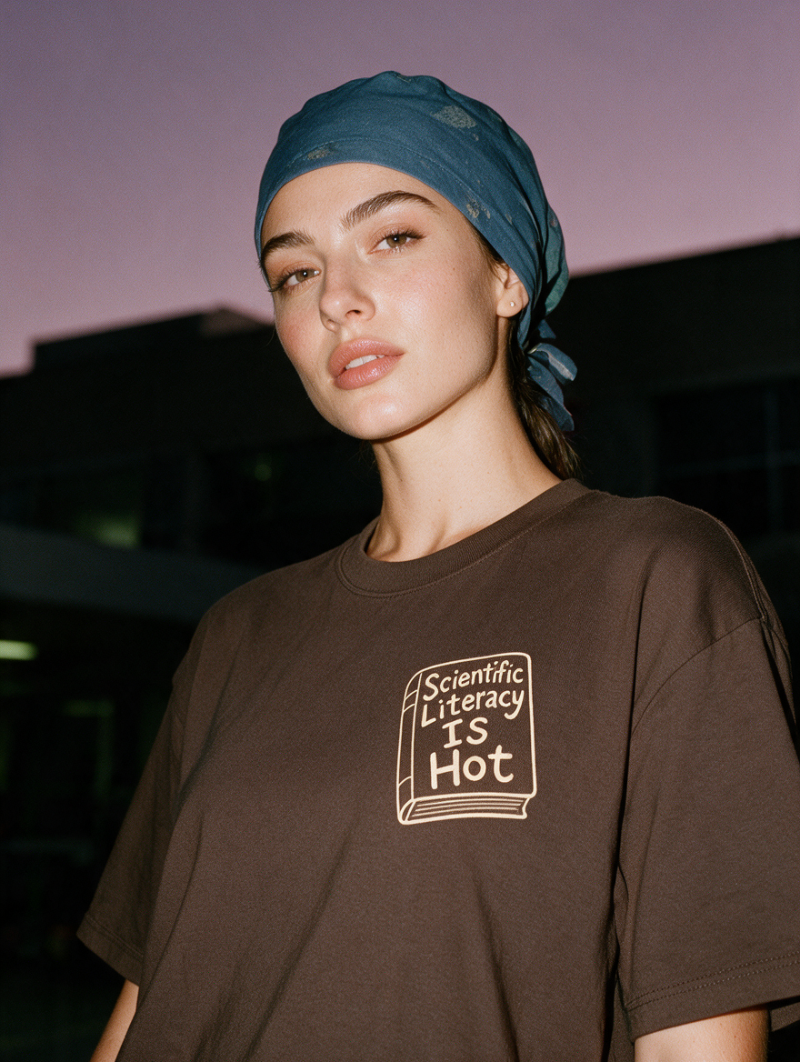 Woman photographed at night wearing a coffee brown cotton T-shirt with 'Scientific Literacy Is Hot' design.