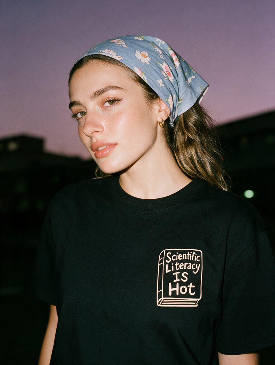 Woman photographed at night wearing a black cotton T-shirt with 'Scientific Literacy Is Hot' design.