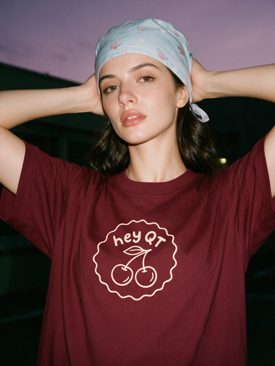 Woman photographed with flash at night, wearing a wine red cotton T-shirt with the 'Hey QT' design.