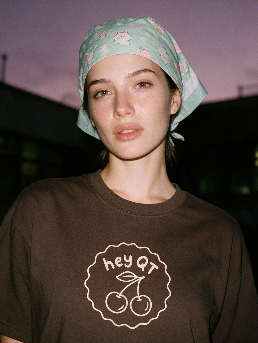 Woman photographed with flash at night, wearing a coffee brown cotton T-shirt with the 'Hey QT' design.