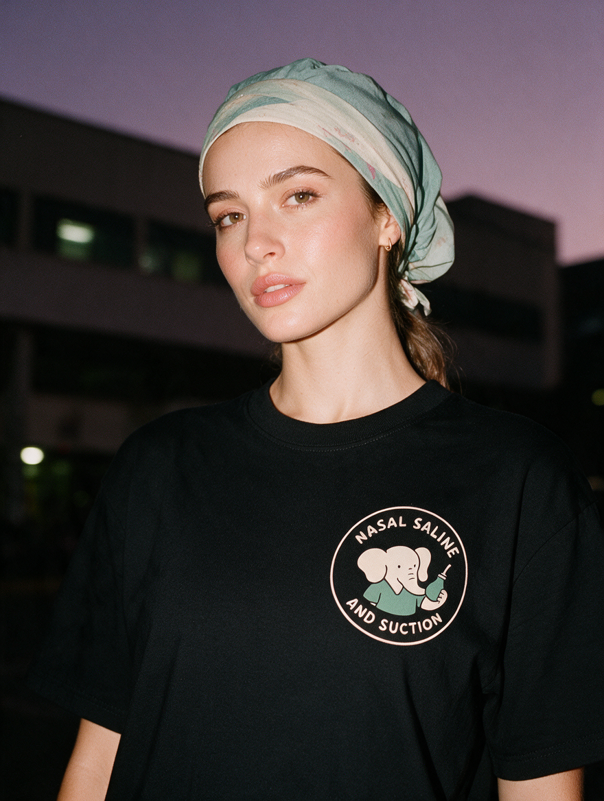 Woman photographed with flash at night wearing a black cotton T-shirt with 'Nasal Saline and Suction' design.