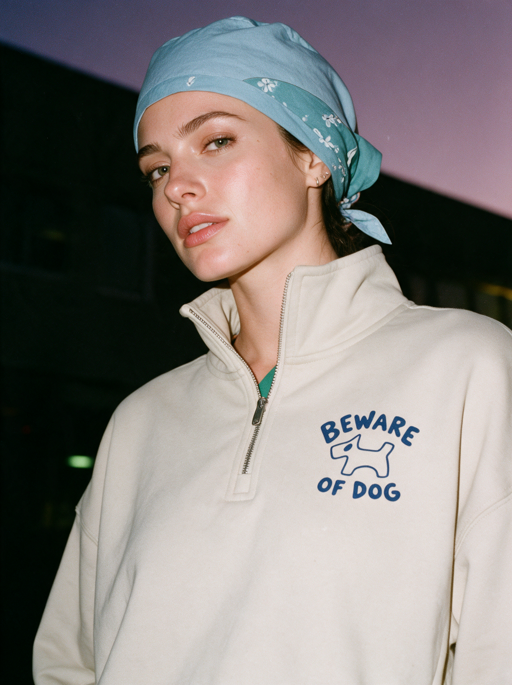 Physician wearing light gray 'Beware of Dog' quarter-zip sweatshirt, night editorial photo