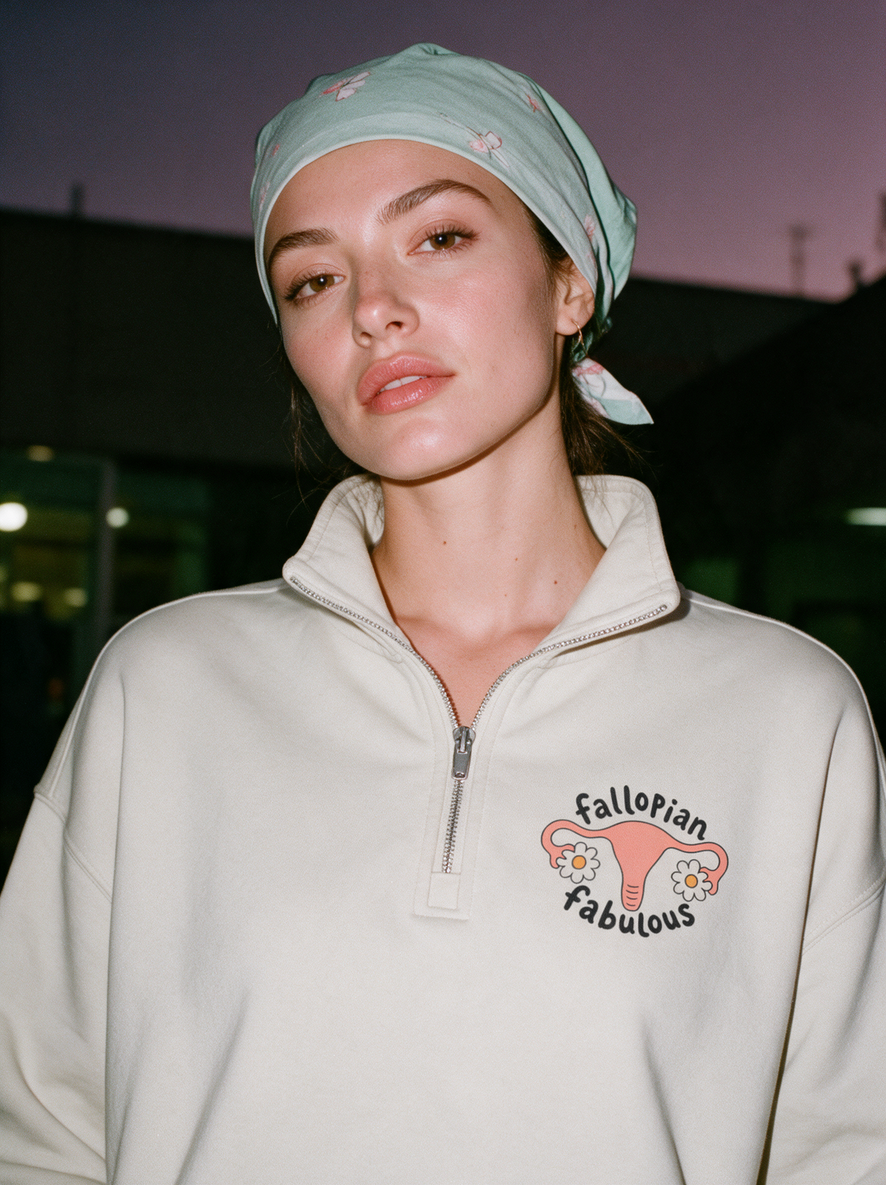 Physician wearing light gray 'Fallopian Fabulous' quarter-zip sweatshirt, night editorial photo