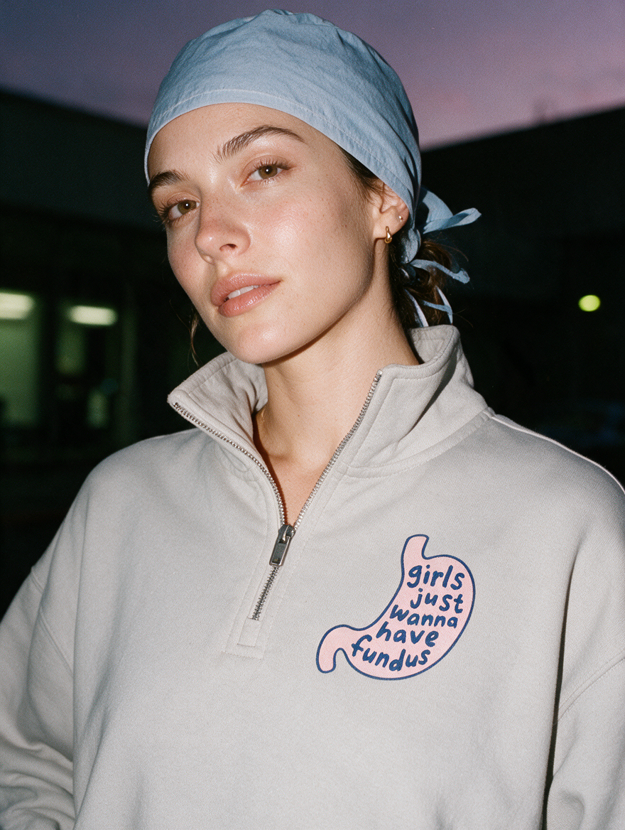 Woman photographed with flash at night, wearing a light gray cotton quarter-zip sweatshirt with the 'Girls Just Wanna Have Fundus' design.
