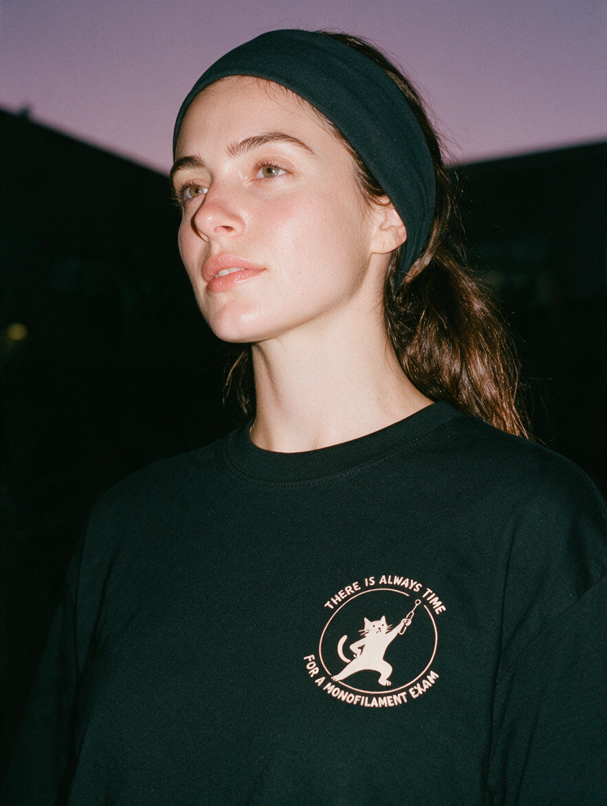 Woman photographed with flash at night, wearing a black cotton T-shirt with a cat holding a pin next to the words "There is always time for a monofilament exam".