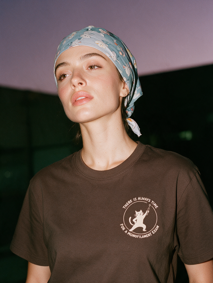 Woman photographed with flash at night, wearing a coffee cotton T-shirt with a cat holding a pin next to the words "There is always time for a monofilament exam".