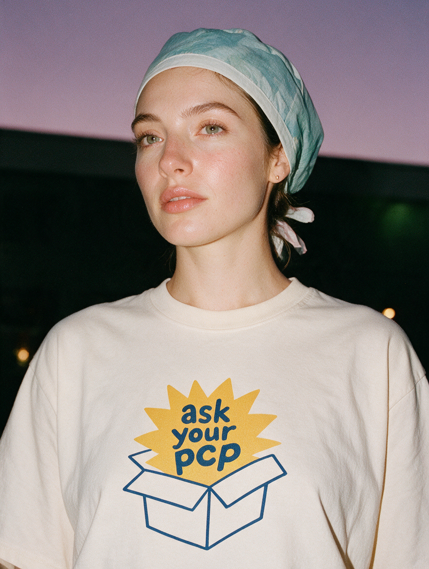 Woman photographed with flash at night, wearing a apricot cotton T-shirt with a sunburst bursting from a box with the words "ask your pcp".
