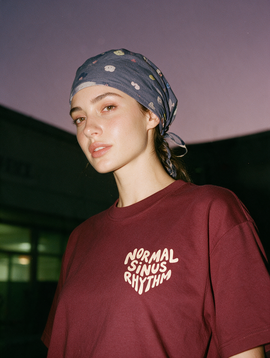 Woman photographed with flash at night, wearing a black cotton T-shirt with a heart-shaped badge reading "Normal sinus rhythm".