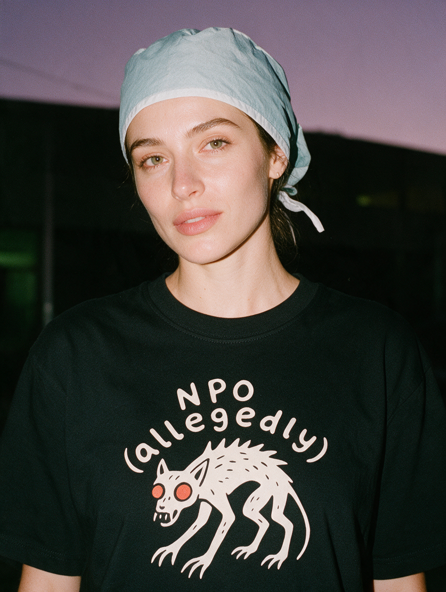 Woman photographed with flash at night, wearing a black cotton T-shirt with a chupacabra with the words "NPO (allegedly)".