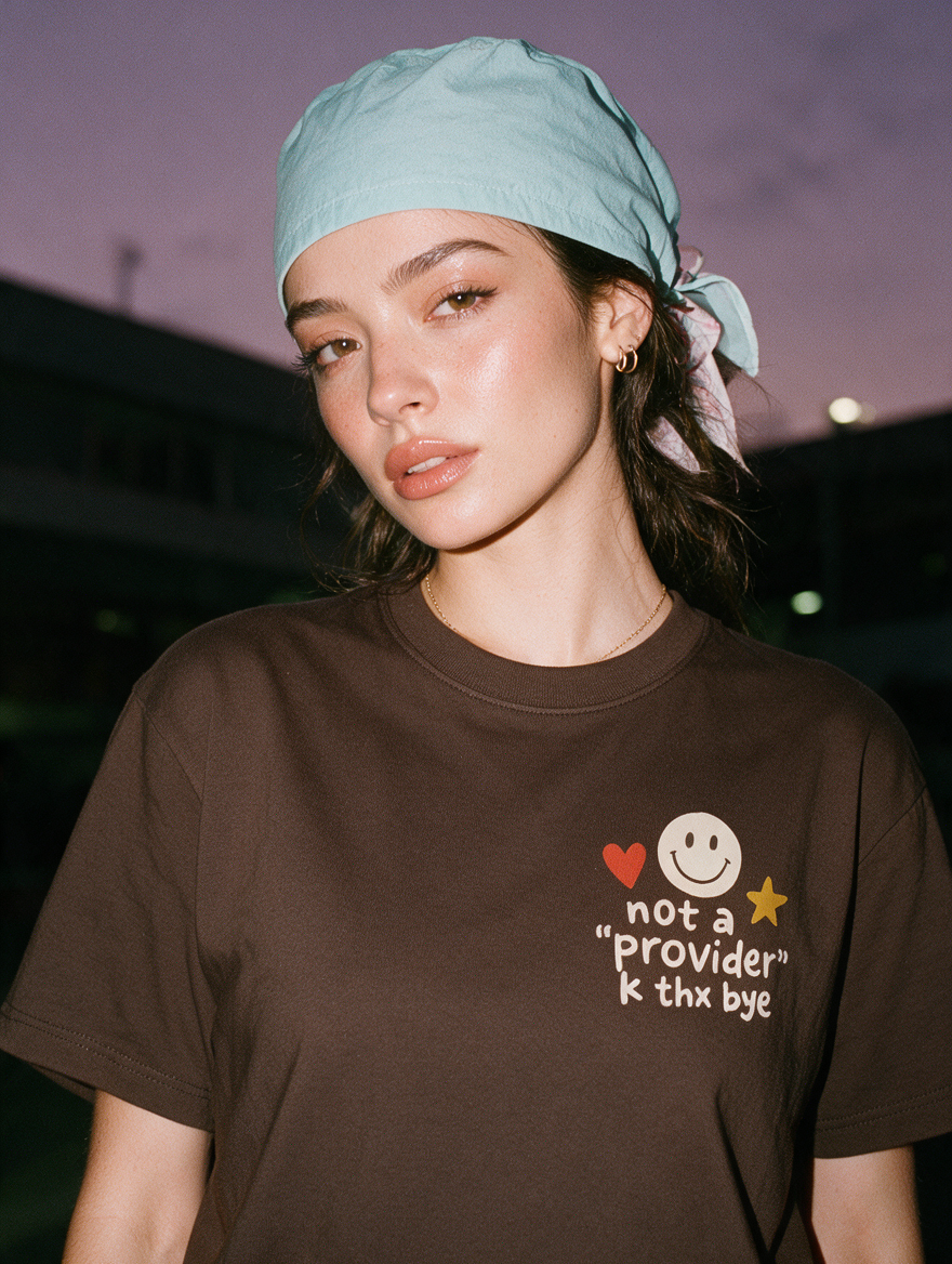 Woman photographed with flash at night, wearing a navy blue cotton T-shirt with a smiley face, heart, and star with the words 'not a "provider," k thx bye'.