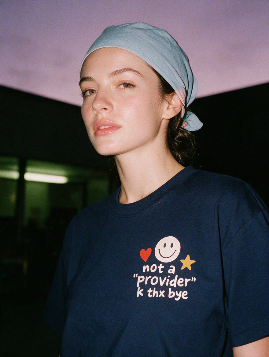 Woman photographed with flash at night, wearing a coffee cotton T-shirt with a smiley face, heart, and star with the words 'not a "provider," k thx bye'.