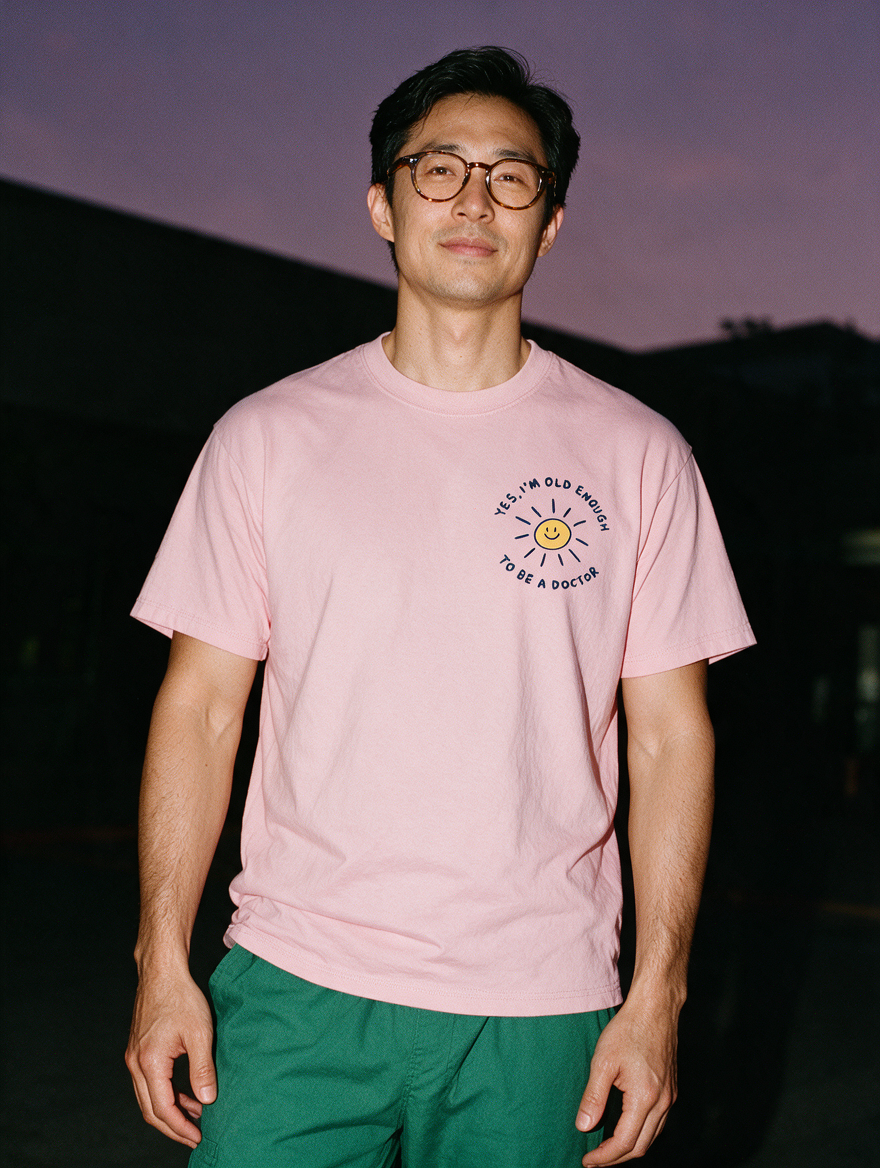 Man photographed with flash at night, wearing a pink cotton T-shirt with the Yes, I'm Old Enough to Be a Doctor design.