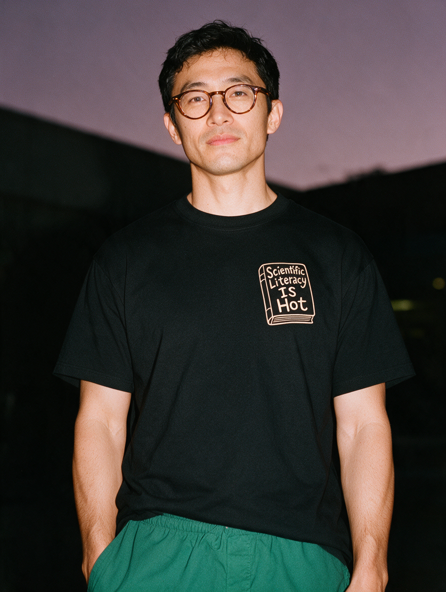 Man photographed with flash at night, wearing a black cotton T-shirt with the Scientific Literacy Is Hot design.