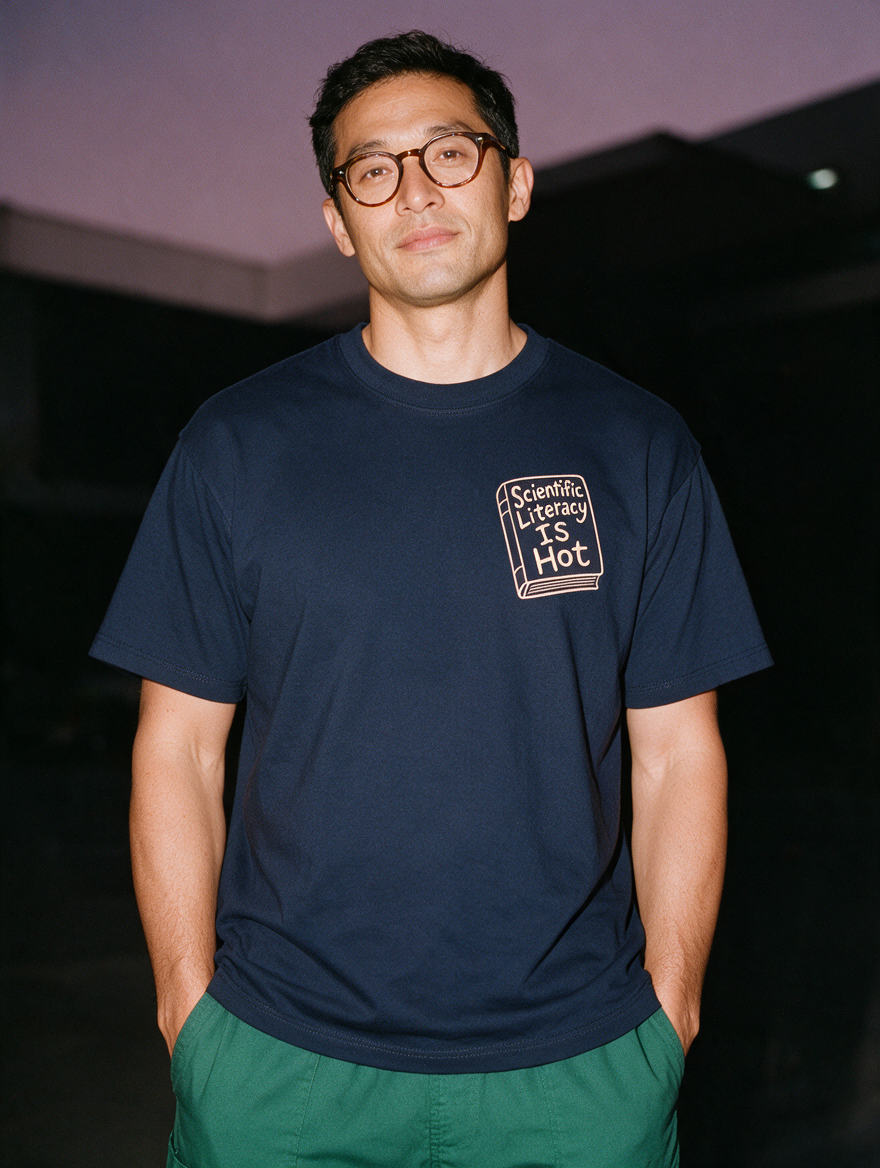 Man photographed with flash at night, wearing a navy blue cotton T-shirt with the Scientific Literacy Is Hot design.