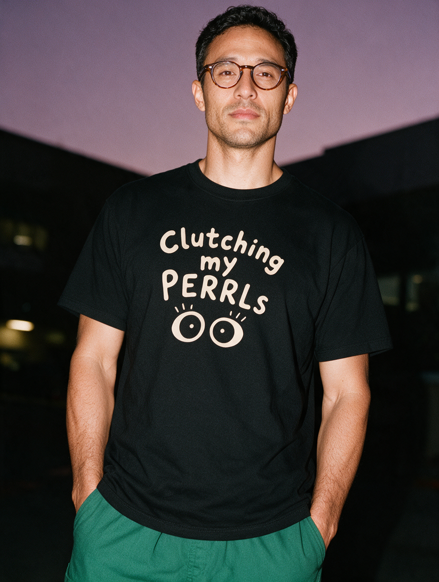 Man photographed with flash at night, wearing a black cotton T-shirt with the Clutching My PERRLs design.