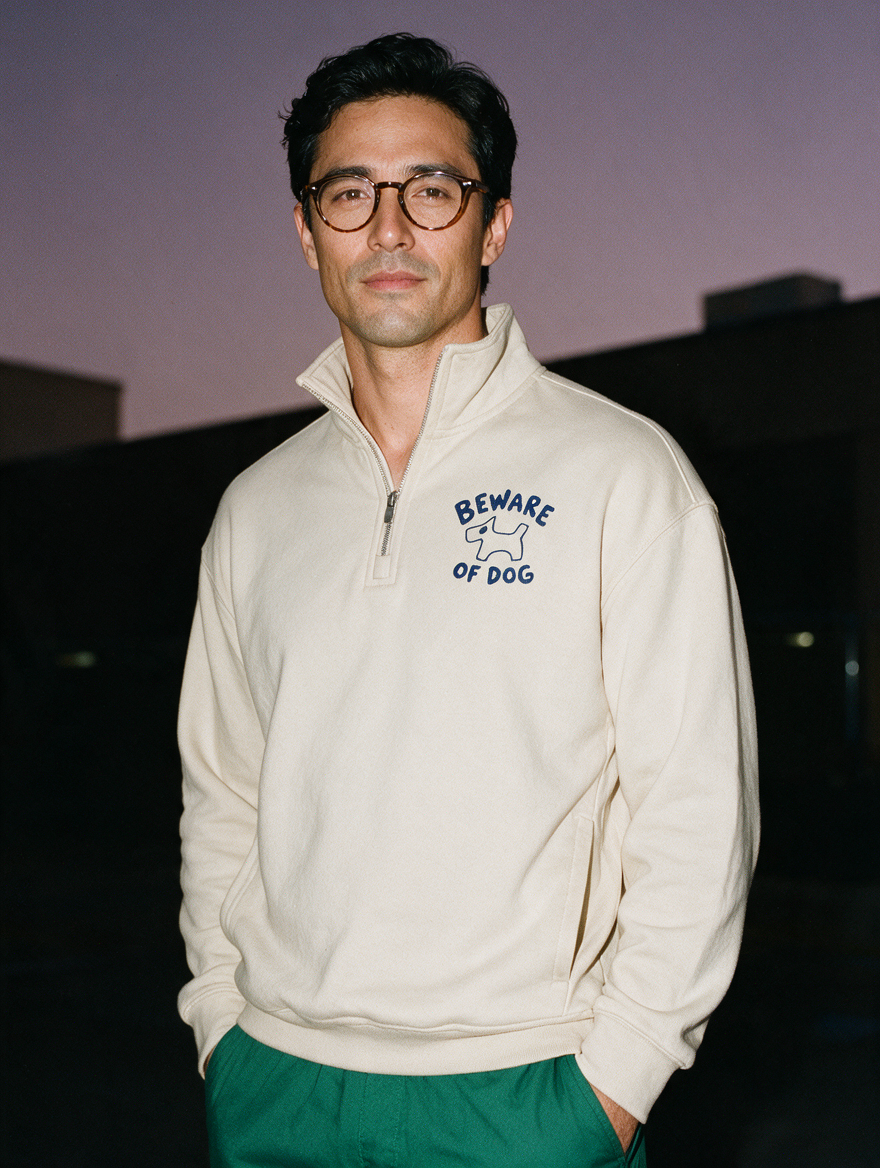 Man photographed with flash at night, wearing a light gray quarter-zip sweatshirt with the Beware of Dog design.
