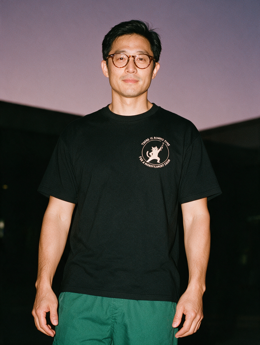 Man photographed with flash at night, wearing a black cotton T-shirt with the There Is Always Time for a Monofilament Exam design.