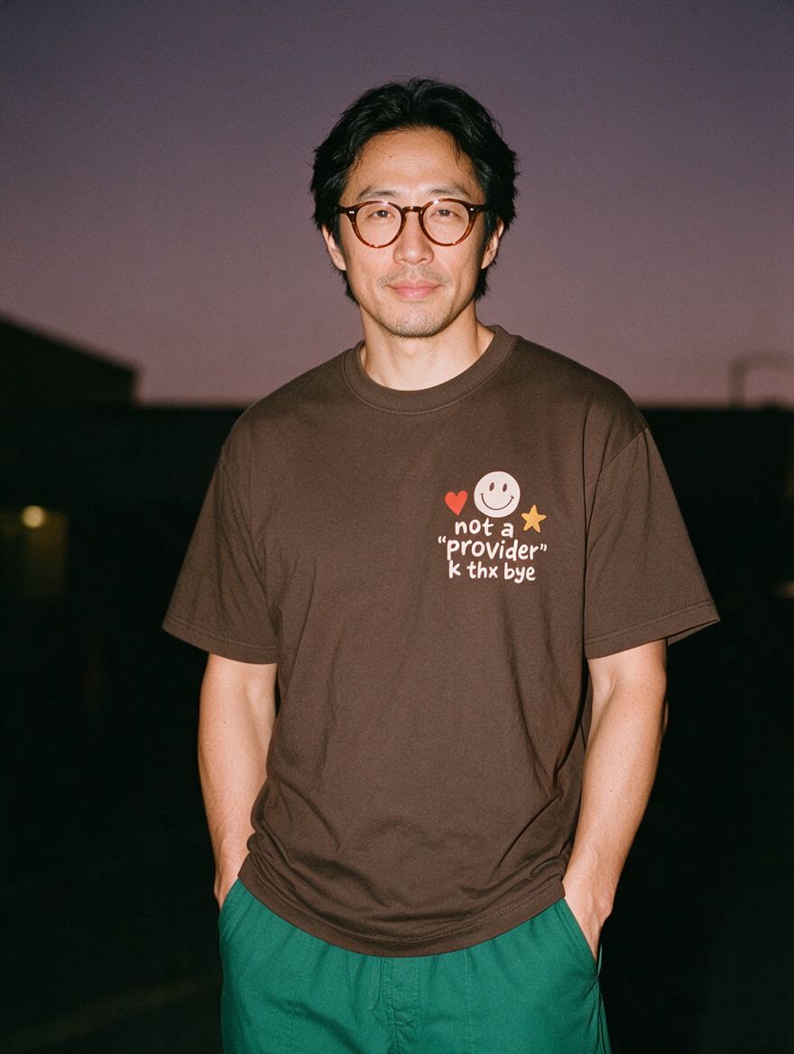 Man photographed with flash at night, wearing a coffee cotton T-shirt with the Not a Provider, K Thx Bye design.