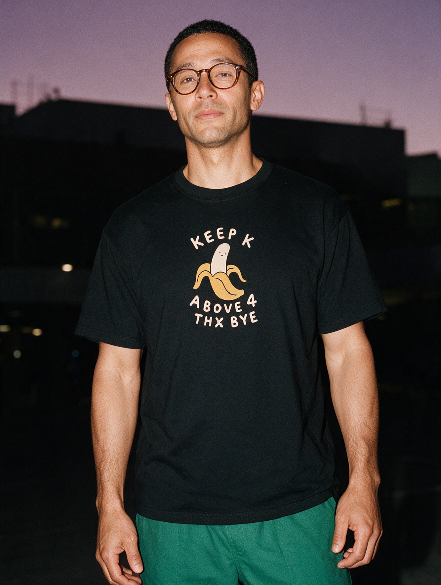 Man photographed with flash at night, wearing a black cotton T-shirt with the Keep K Above 4, Thx Bye design.