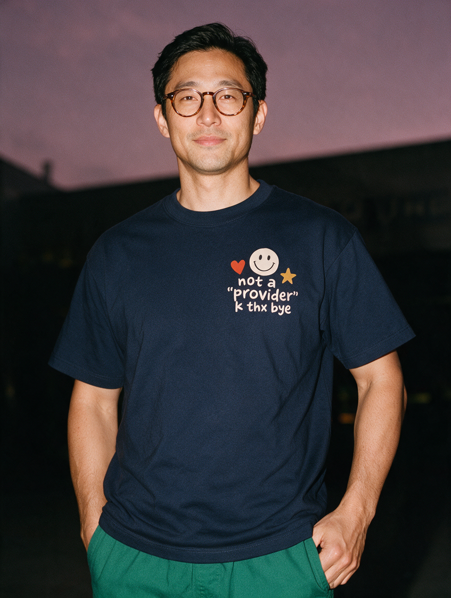 Man photographed with flash at night, wearing a navy blue cotton T-shirt with the Not a Provider, K Thx Bye design.
