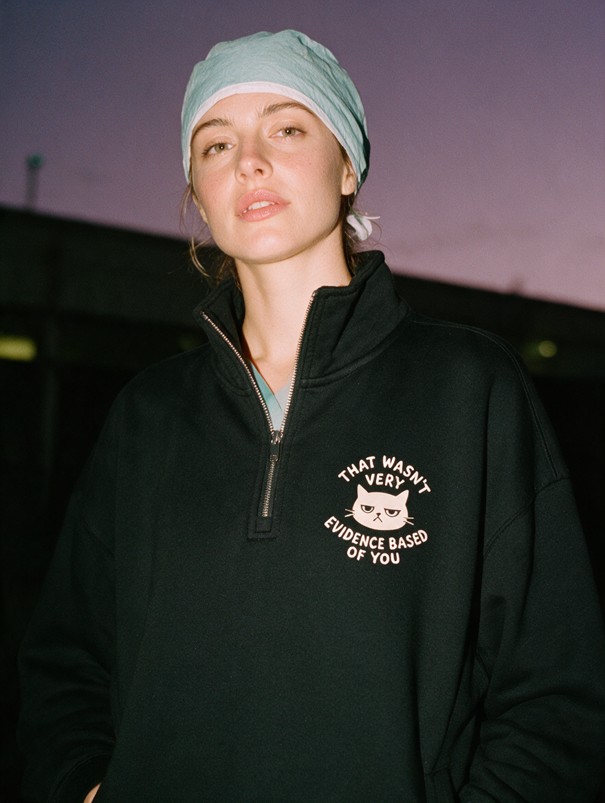 Woman photographed with flash at night, wearing a black quarter-zip sweatshirt with a grumpy cat inside the words 'That wasn't very evidence based of you'.