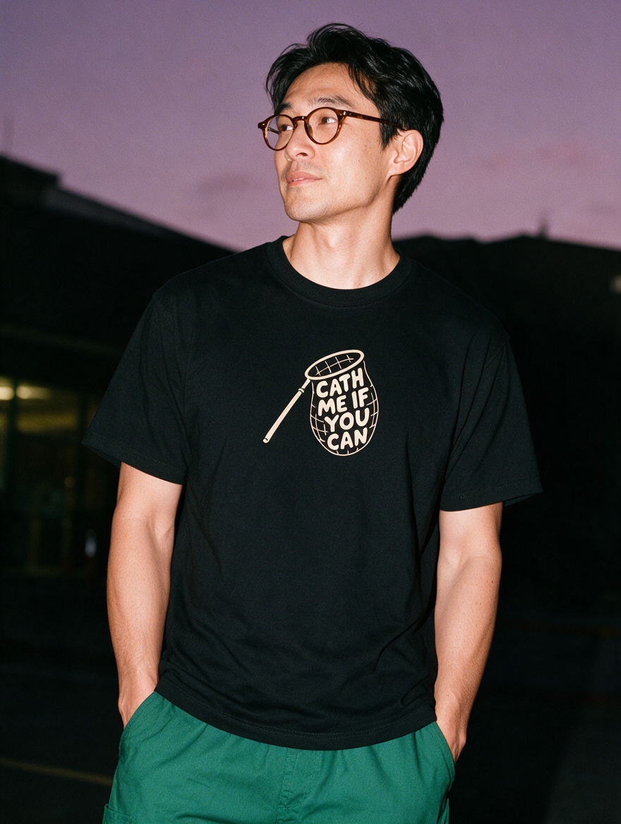 Man in round tortoiseshell glasses and green scrub pants, flash at night, wearing a black cotton T-shirt with a butterfly net design 'CATH ME IF YOU CAN'
