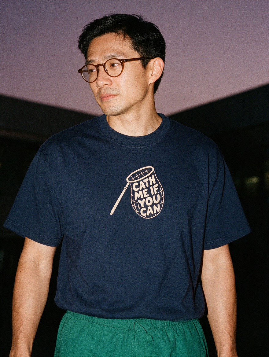 Man in round tortoiseshell glasses and green scrub pants, flash at night, wearing a navy blue cotton T-shirt with a butterfly net design 'CATH ME IF YOU CAN'